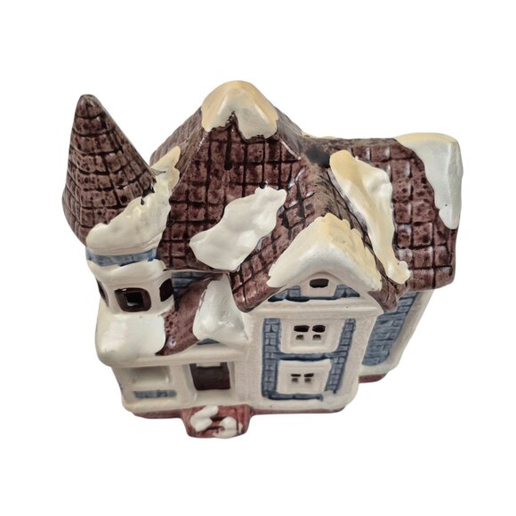 Lidco Ceramic Chirstmas House Glossy Blue Brown Snow Capped Lighted Vintage - Picture 10 of 10